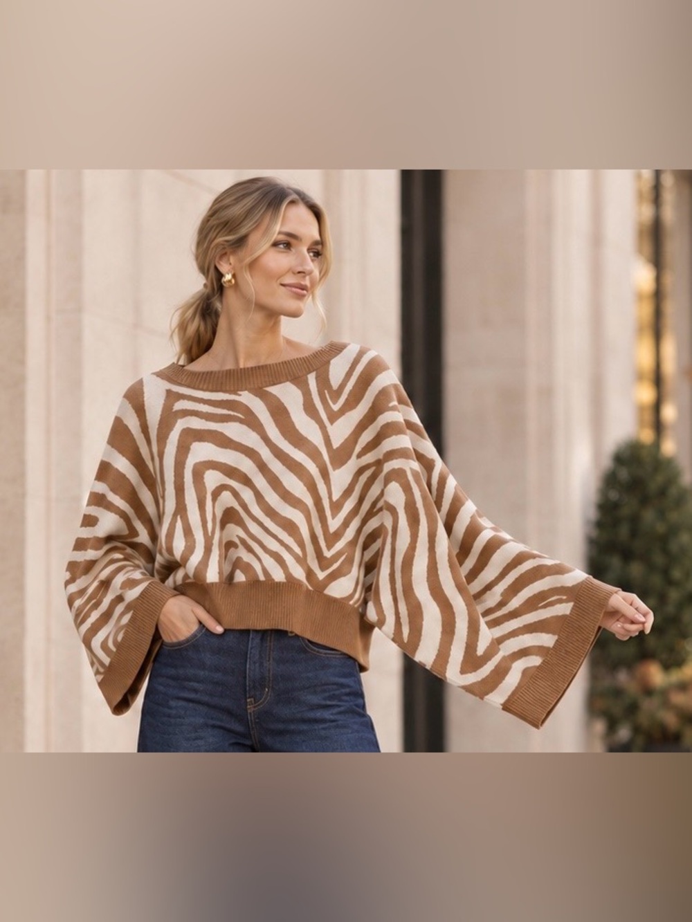 Brown and Cream Zebra Print Boatneck Sweater